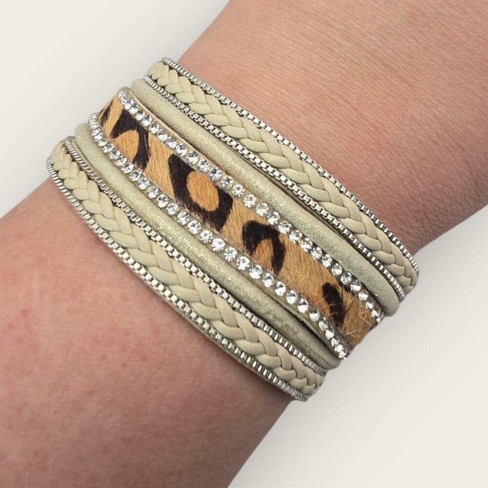 Leopard Rhinestone Wrap Bracelet Magnetic Cuff Y2K Glam Statement